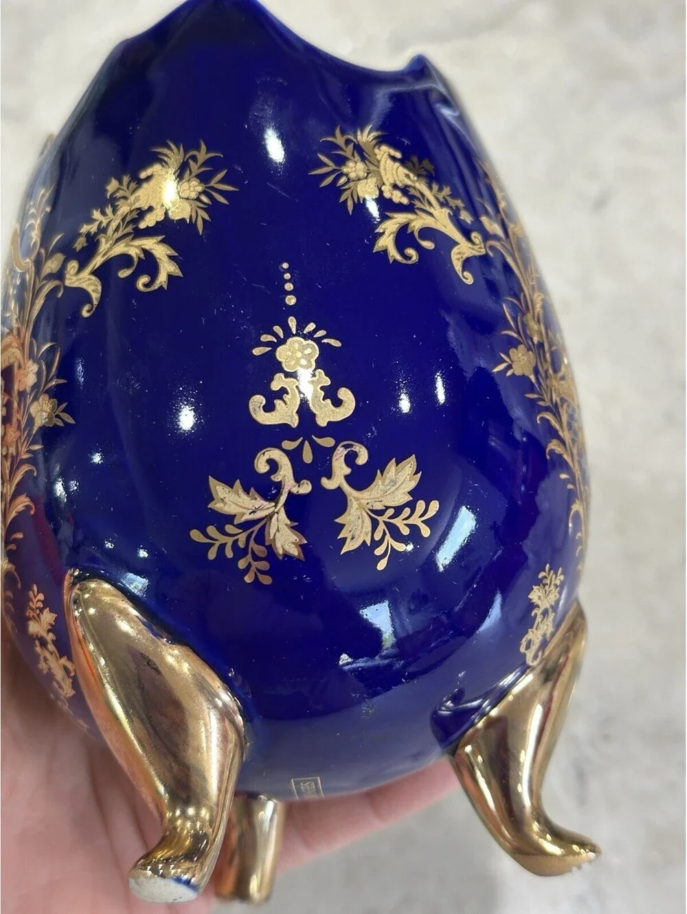 Vintage Limoges French Cobalt Blue Footed Egg Vase With 18k Or 22k Gold Accent